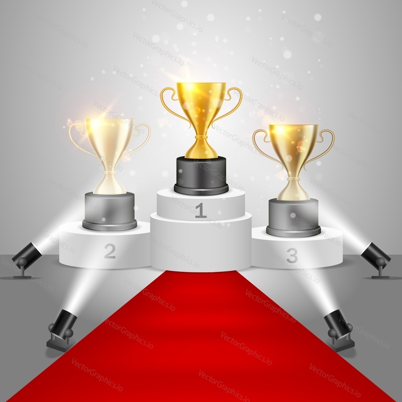 Winner awards on victory pedestal, vector realistic illustration. Gold, silver and bronze trophy cups on white podium with red carpet illuminated by floor spotlights.