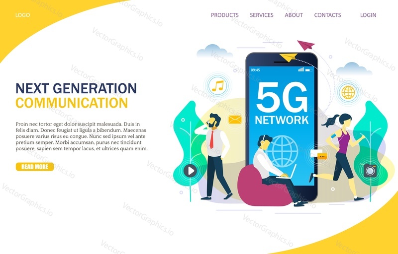 Next generation of mobile communication vector website template, web page and landing page design for website and mobile site development. 5G, new high speed wireless network technology concept.