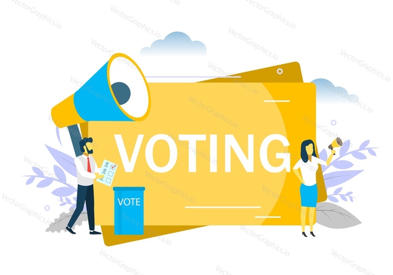 Voting, woman speaking through megaphone. Vector flat illustration for web banner, website page etc. Election campaign, polling day concept.