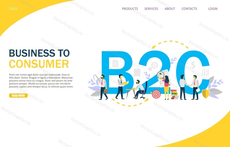 B2C vector website template, web page and landing page design for website and mobile site development. Business to consumer, internet and electronic commerce model concept.