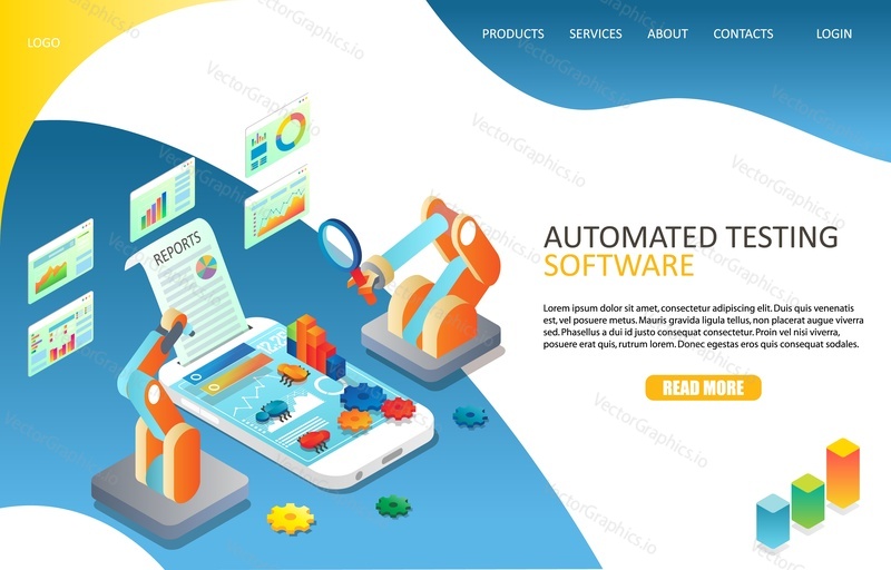 Automated software testing landing page website template. Vector isometric illustration of mobile phone and reports, diagrams, cogwheels, software bugs, robot arms. Mobile application testing concept.