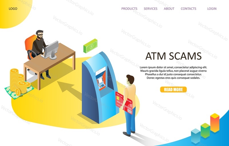 ATM scams landing page website template. Vector isometric illustration of man with plastic card standing in front of automated teller machine and hacker stealing data from card.