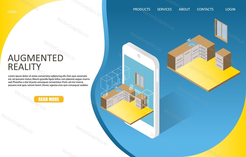 Augmented reality landing page website template. Vector isometric smartphone with augmented reality app that makes possible to place virtual 3D models of furniture in order to design real kitchen.