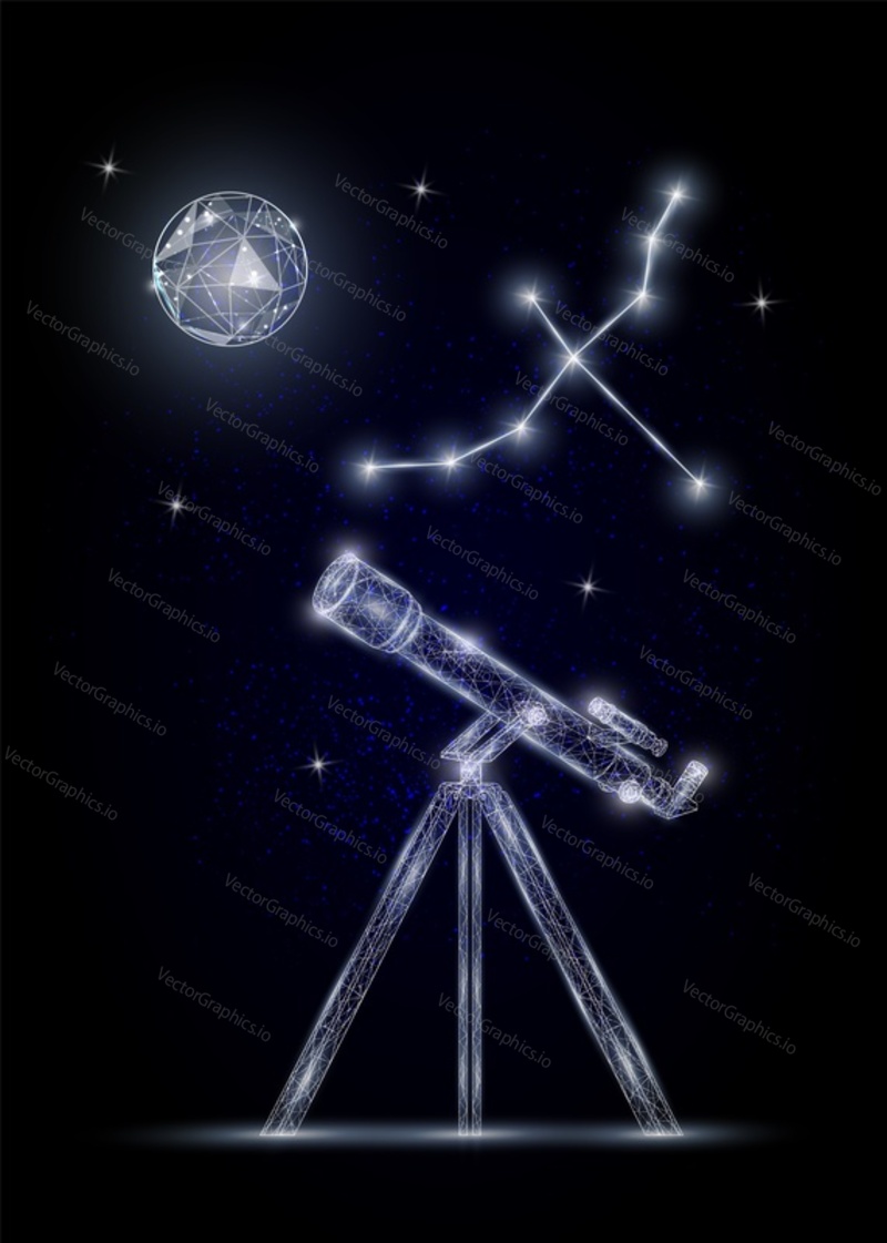 Telescope, moon and constellation low poly wireframe mesh made of points, lines and shapes. Vector polygonal art style illustration. Astronomy science poster banner template.