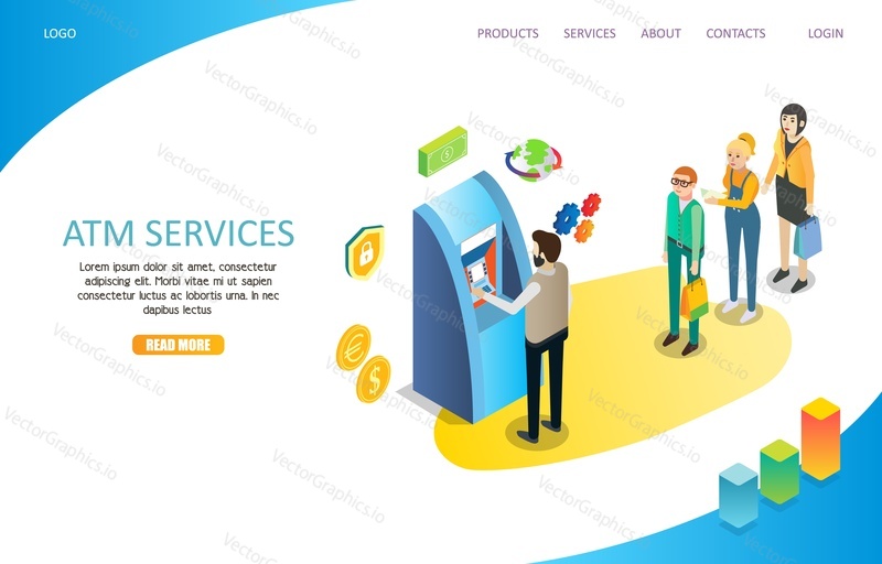 ATM services landing page website template. Vector isometric illustration of people waiting in line in order to perform financial transactions using automated teller machine.