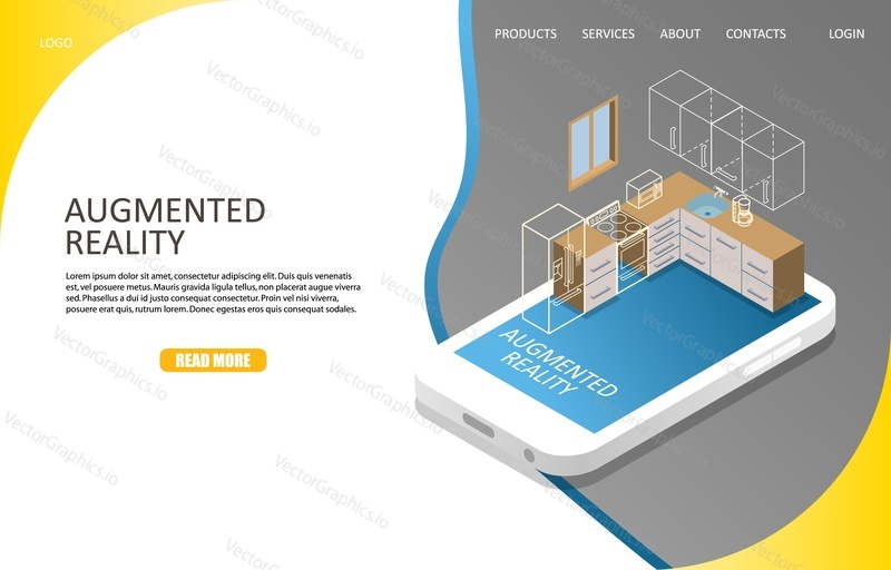 Augmented reality landing page website template. Vector isometric illustration. Augmented reality visualization of kitchen cabinets on smartphone screen.