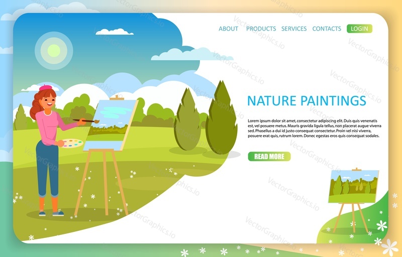 Nature paintings landing page website template. Vector illustration of young woman painting forest landscape. Artist studio web page design.