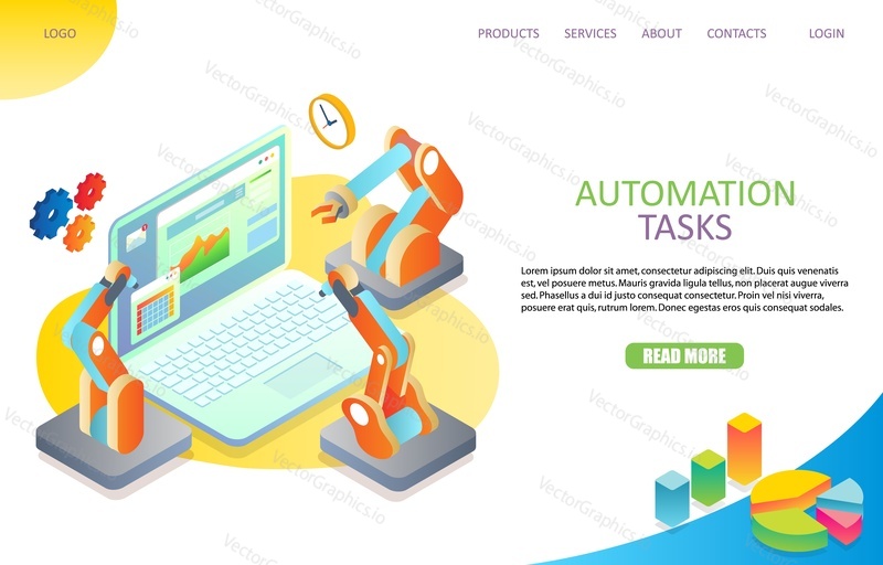 Task automation landing page website template. Vector isometric illustration of laptop and robot arms, gears, clock around it. Workflow automation concept.