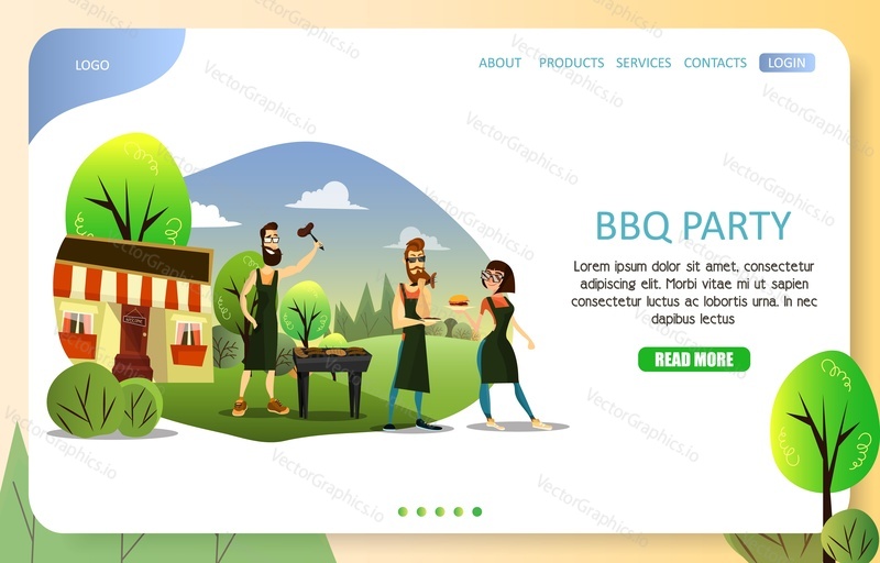 BBQ party landing page website template. Vector illustration of people grilling meat, sausages. Grill picnic web page design.