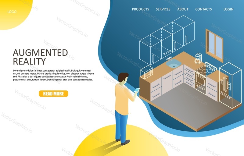 Augmented reality landing page website template. Vector isometric illustration of man placing 3D models of kitchen cabinets to see their ideal placement using smartphone with augmented reality app.
