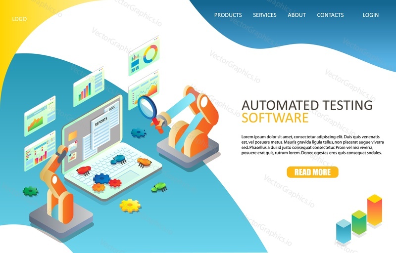 Automated software testing landing page website template. Vector isometric illustration of laptop and reports, diagrams, cogwheels, software bugs, robot arm with magnifier.