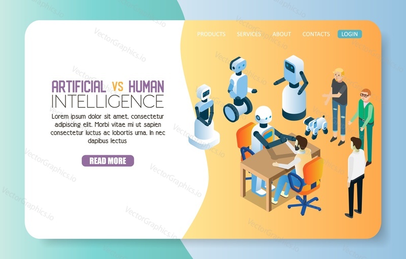 Artificial intelligence vs human landing page website template. Vector isometric illustration of robot machine and man arm wrestling.
