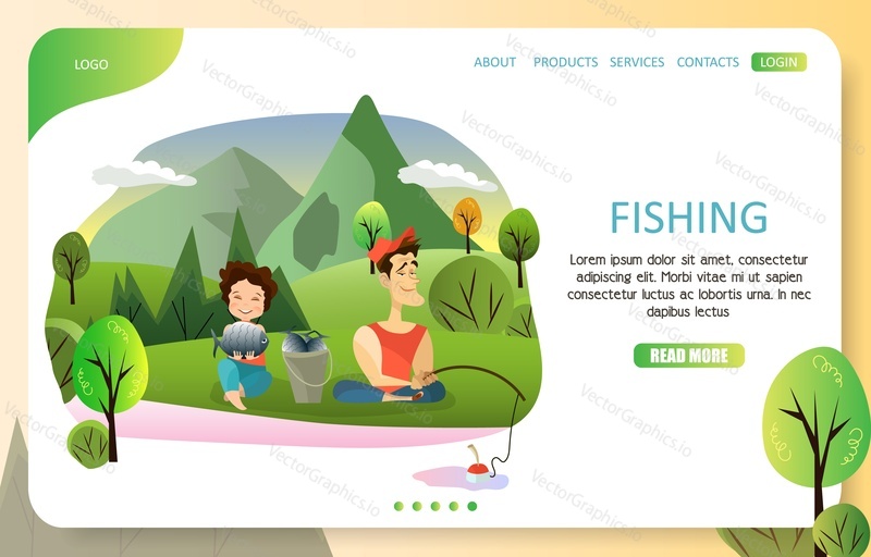 Fishing landing page website template. Vector illustration of happy couple fishing on lake or river bank. Summer vacation, weekend activities concept.