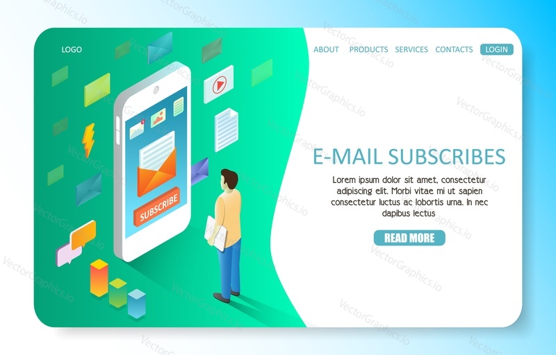 E-mail subscribe landing page website template. Vector isometric smartphone with envelope email symbol and subscribe button.