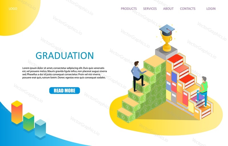 Graduation landing page website template. Vector isometric illustration of two men going upstairs to trophy and graduation cap on the top. Corporate education training concept.