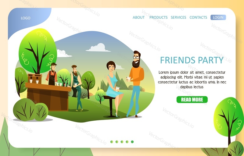 Friends party landing page website template. Vector illustration of people drinking beer and having fun. Corporate open-air party, friends meeting.
