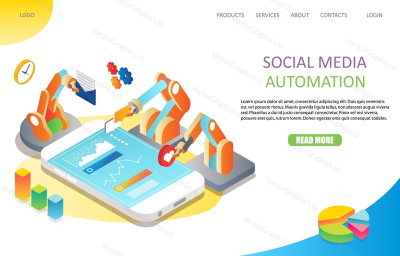 Social media automation landing page website template. Vector isometric illustration. Social media marketing automation concept.