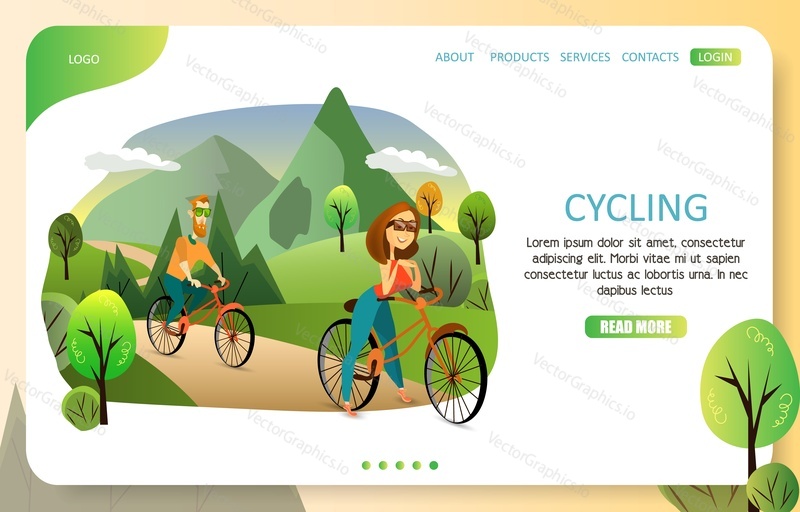 Cycling landing page website template. Vector illustration of couple riding bicycles in park. Summer activities, family vacation concept.