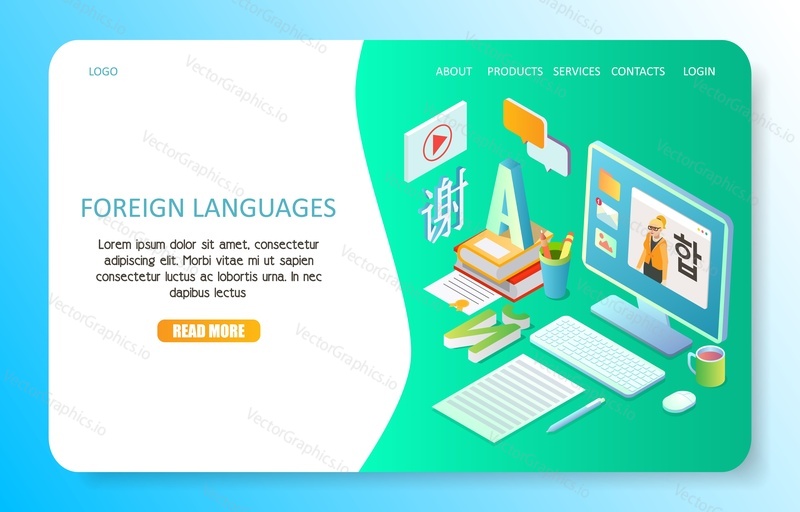Foreign languages landing page website template. Vector isometric illustration. Foreign language online training courses concept.