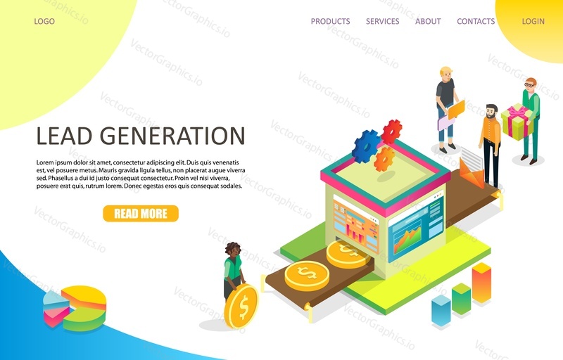 Lead generation landing page website template. Vector isometric illustration. Lead management, purchase funnel, conversion concept.