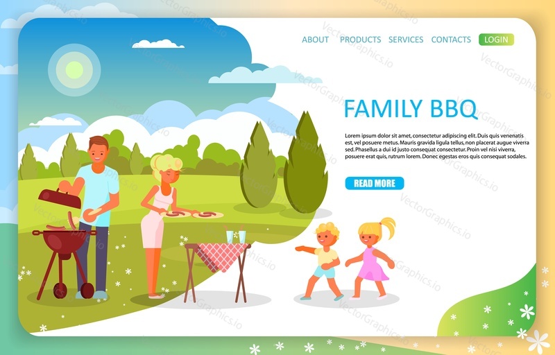 Family bbq landing page website template. Vector illustration of happy family with two kids having summer picnic in park.