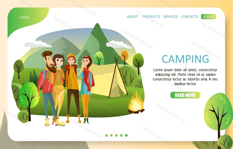 Camping landing page website template. Vector illustration of people standing next to campfire and tent in forest. Summer camping, hiking, trekking concept.
