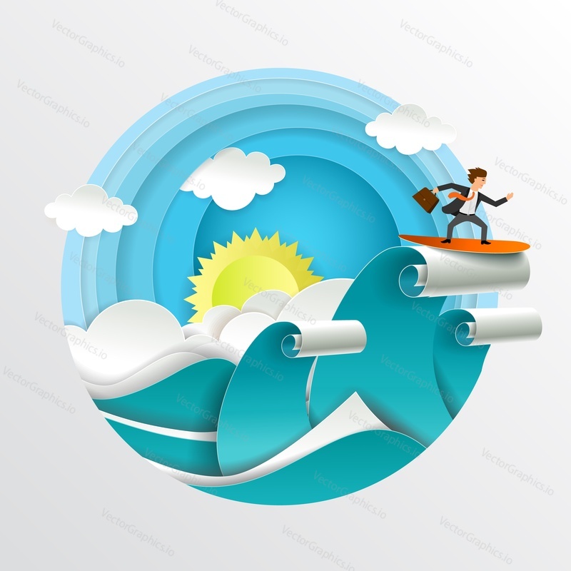 Young businessman with briefcase staying afloat and surfing the waves of change. Vector illustration in paper art style. Challenge business concept.