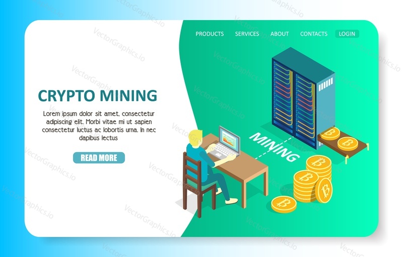 Crypto mining landing page website template. Vector isometric illustration of bitcoin mining process.