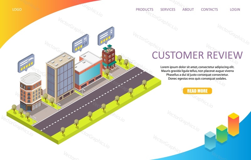Customer review landing page website template. Vector isometric illustration. Customer feedback concept.