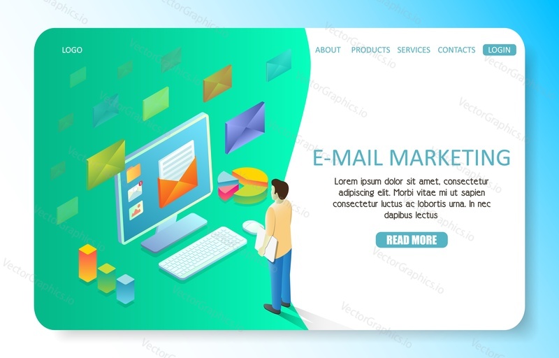 E-mail marketing landing page website template. Vector isometric computer monitor with envelope email symbol on screen.