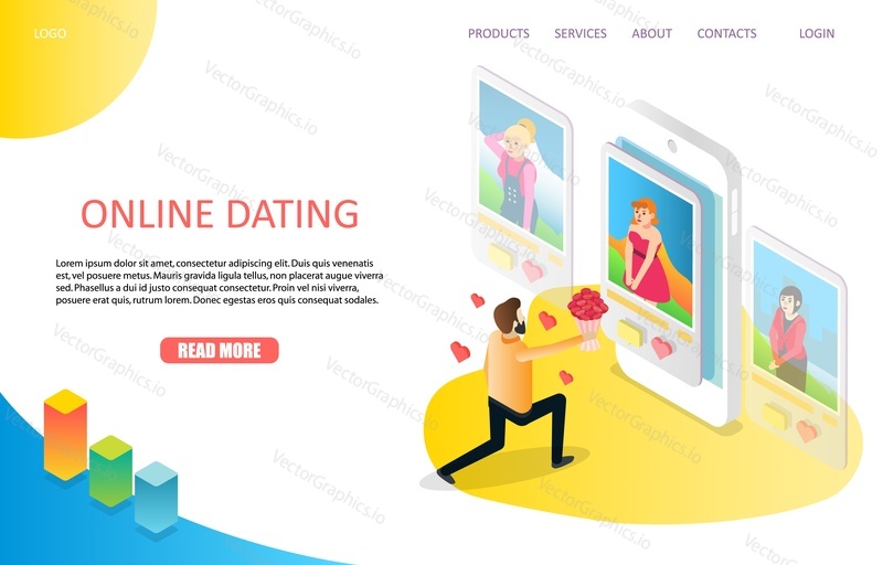 Dating online landing page website template. Vector isometric illustration of man giving bouquet of flowers to his girlfriend from smartphone while getting down on one knee.