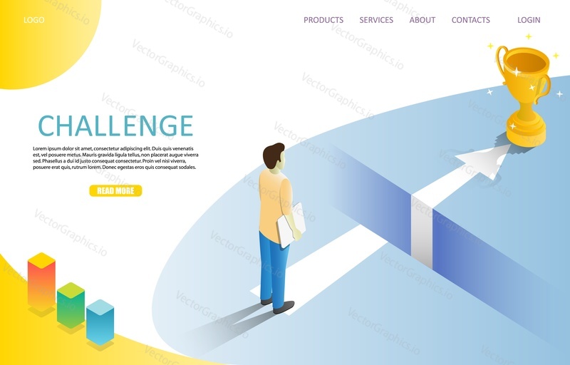 Business challenge landing page website template. Vector isometric illustration of businessman standing on the edge of gap with arrow leading to award cup.