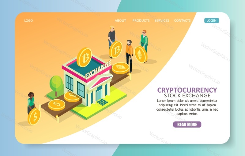 Cryptocurrency stock exchange landing page website template. Vector isometric illustration of people exchanging bitcoin ethereum cryptocurrency for dollar fiat money.