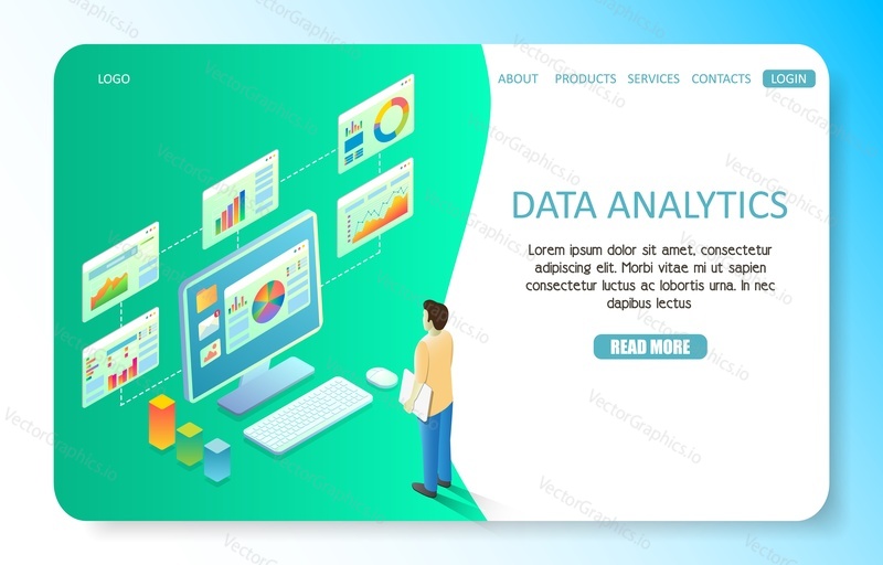 Data analytics landing page website template. Vector isometric illustration of business man compiling and analysing sets of data from dashboard with real-time financial charts and graphs