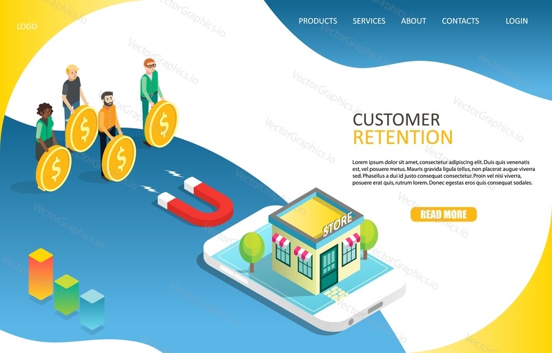 Customer retention landing page website template. Vector isometric illustration of red magnet attracting people with dollar coins to visit store. Target market concept.
