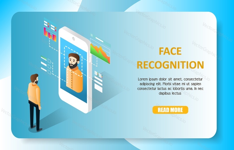 Face recognition landing page website template. Vector isometric illustration of smartphone with facial recognition app scanning person face.