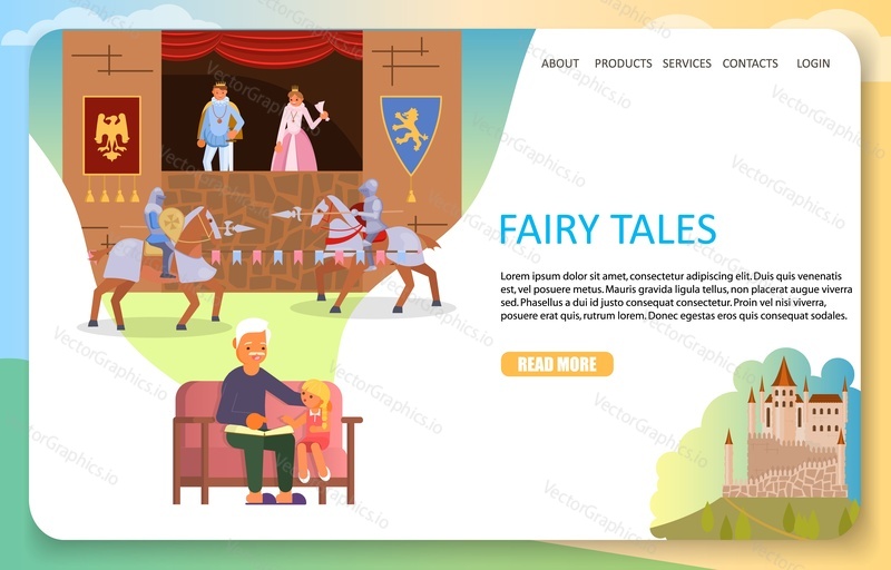 Fairy tales landing page website template. Vector flat illustration of grandfather reading book to his granddaughter about medieval knights joust while sitting on sofa.
