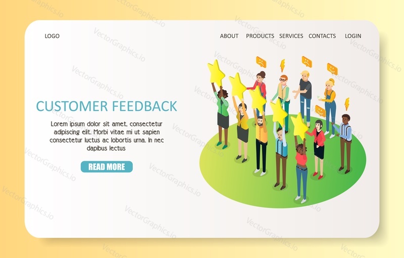 Customer feedback landing page website template. Vector isometric illustration. Customer review concept.