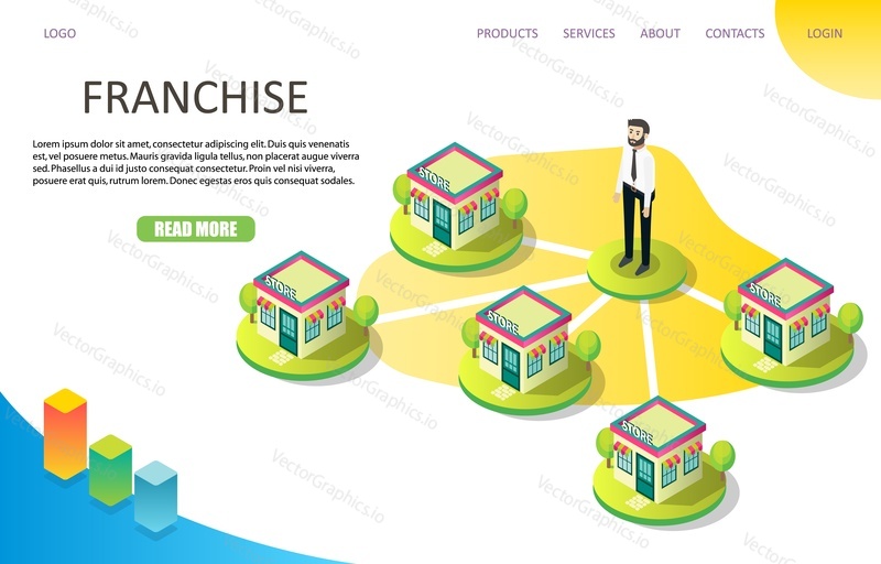 Franchise business landing page website template. Vector isometric illustration. Chain store or retail chain concept.