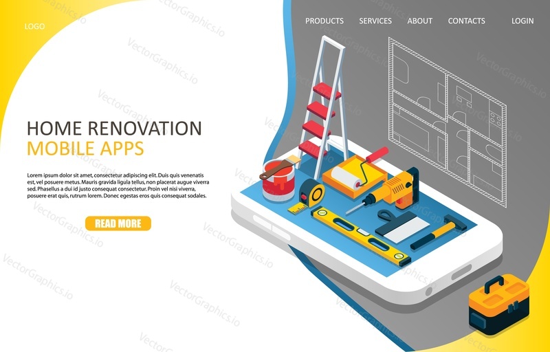 Шаблон веб-сайта целевой страницы мобильных приложений для ремонта дома. Векторная изометрическая иллюстрация смартфона с набором инструментов на экране и планом реконструкции дома.