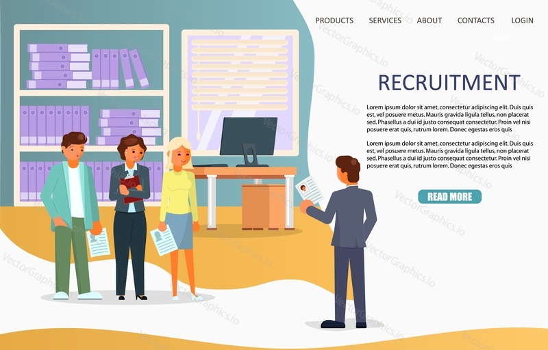 Recruitment landing page website template. Vector illustration in flat style. Job offer concept.
