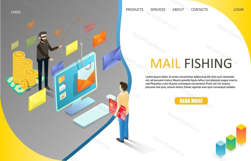 Mail phishing landing page website template. Vector isometric illustration of cyber thief hacking email message or personal information from desktop using fishing rod and hook. Computer hacking.