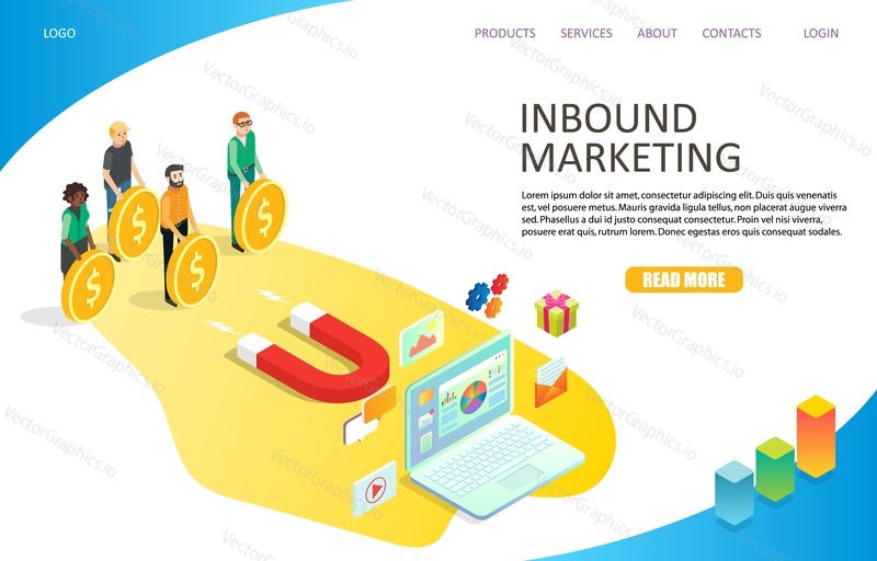 Inbound marketing landing page website template. Vector isometric illustration of laptop, red magnet attracting visitors and potential customers.