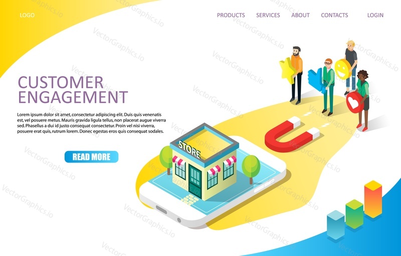 Customer engagement landing page website template. Vector isometric store, red magnet attracting people followers with smiley, star, thumb up and heart like social network appreciation symbols.