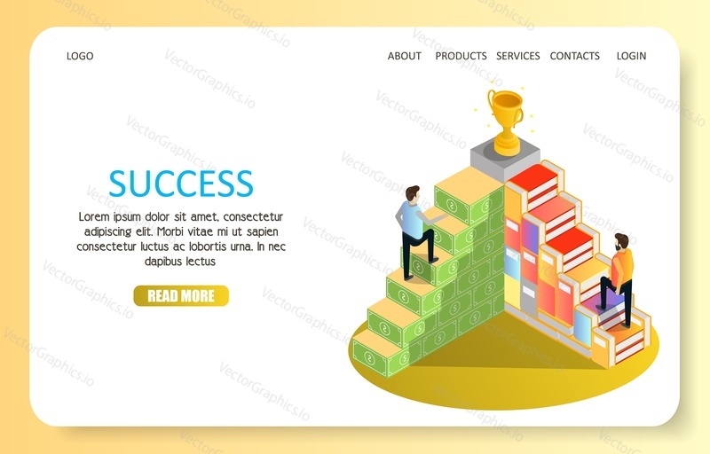 Business success landing page website template. Vector isometric illustration of two men going upstairs to trophy on the top. Business growth, career concept.