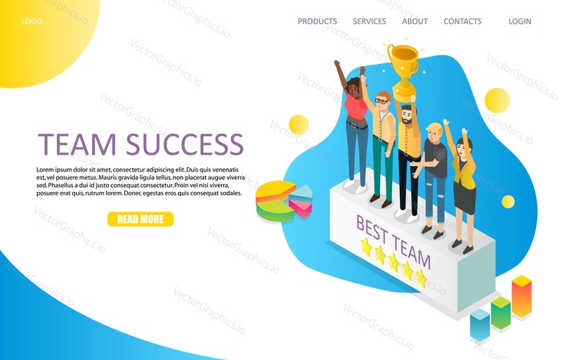 Team success landing page website template. Vector isometric illustration. Successful best team with trophy cup celebrating victory.