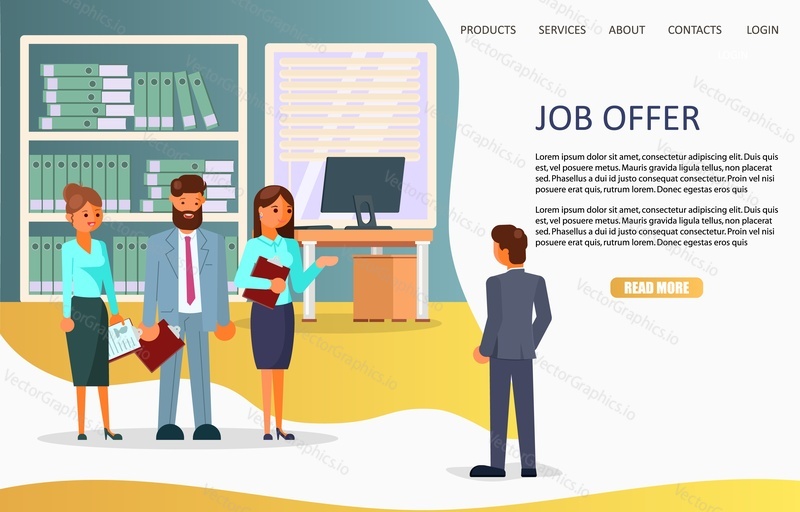 Job offer landing page website template. Vector illustration in flat style. Hiring, recruitment concept.