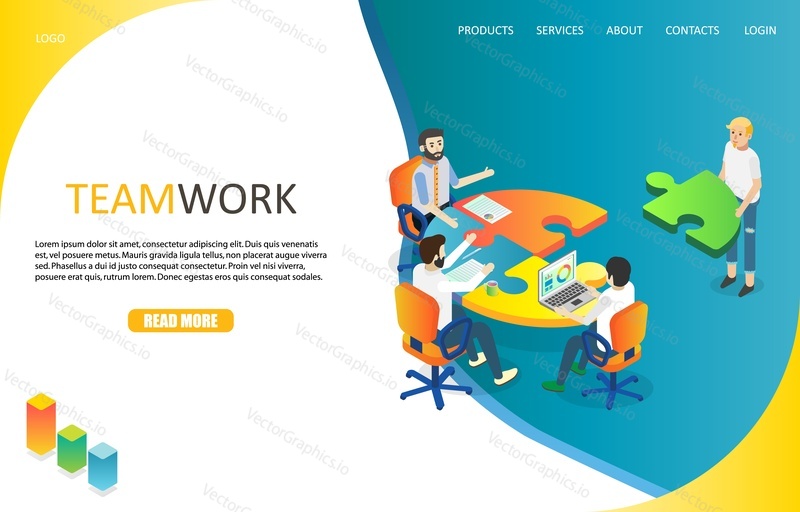 Teamwork landing page website template. Vector isometric illustration of office people doing jigsaw puzzles while sitting at table. Project teamwork, business solution concept.