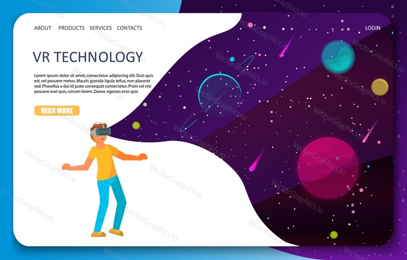 VR technology landing page website template. Vector isometric illustration of boy with VR headset in outer space. Virtual reality for education and games concept.