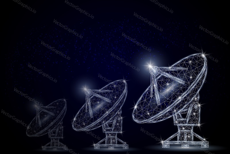 Satellite tv and radio signals receiver parabolic antenna low poly wireframe mesh made of points, lines and shapes. Vector polygonal art style illustration. Telecommunications equipment poster.